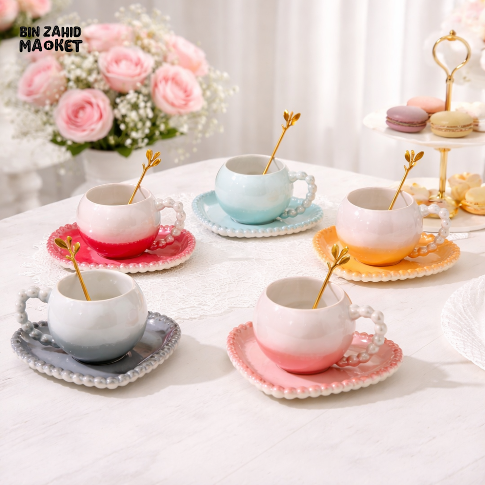 LUXURY HEART-SHAPED CERAMIC CUP & SAUCER SET WITH GOLDEN SPOON