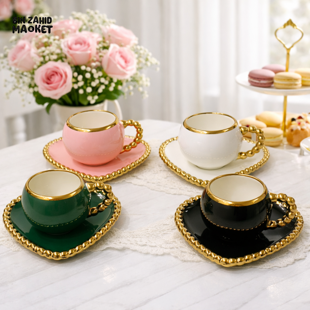LUXURY HEART-SHAPED CERAMIC TEA CUP & SAUCER SET – GOLD ACCENT DESIGN