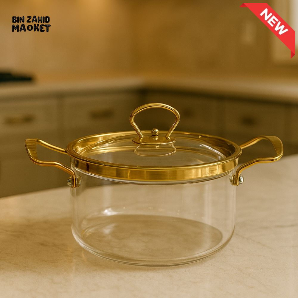 LUXURY HEAT-RESISTANT GLASS CASSEROLE 2.5L – GOLD-TONE RIM LID INCLUDED