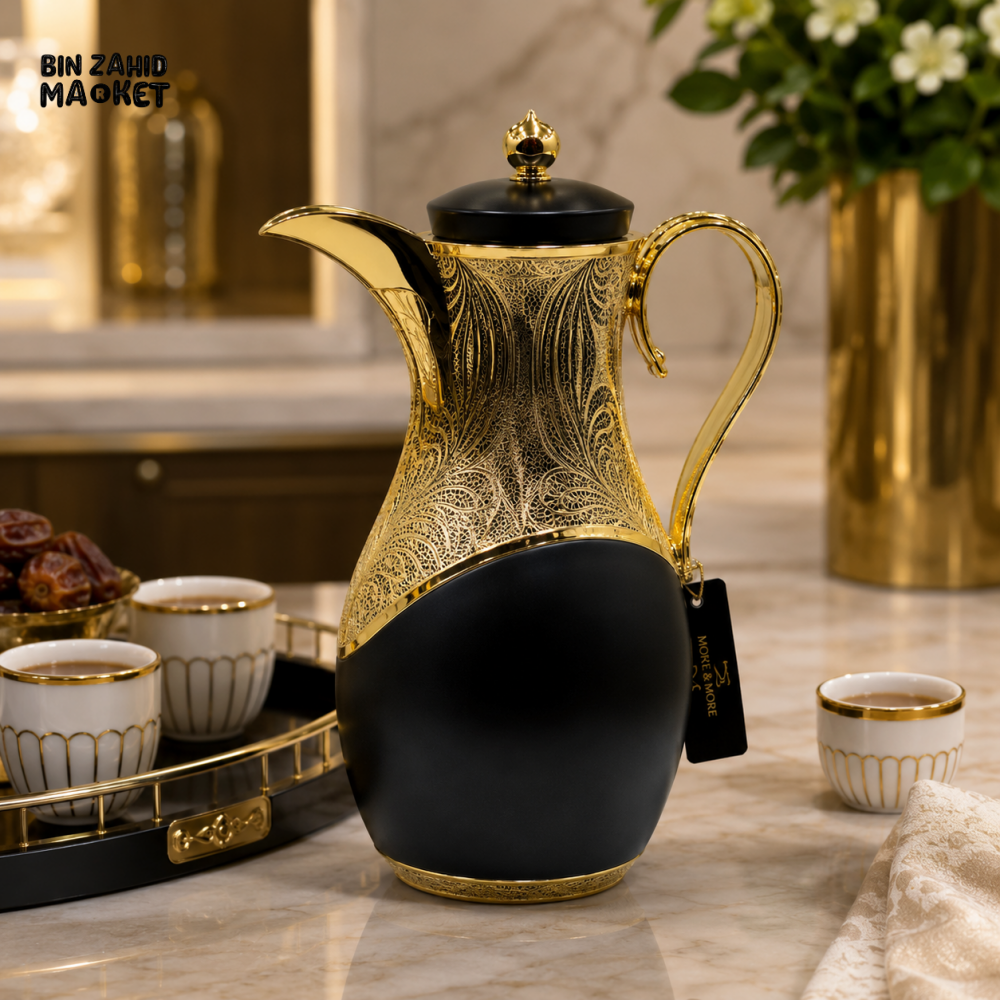 LUXURY INSULATED ARABIC COFFEE & TEA THERMOS – BURGUNDY & GOLD 1.0 LITRE - black