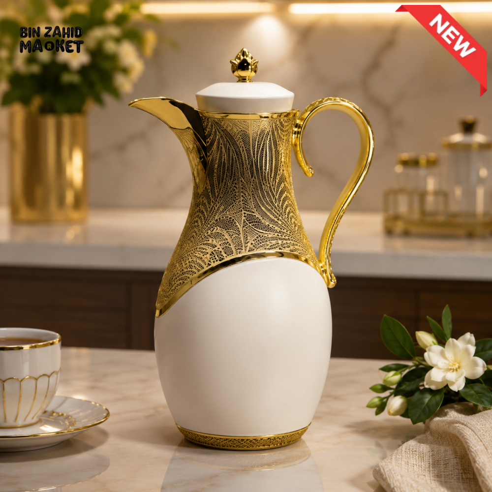 LUXURY INSULATED ARABIC COFFEE & TEA THERMOS – BURGUNDY & GOLD 1.0 LITRE - white