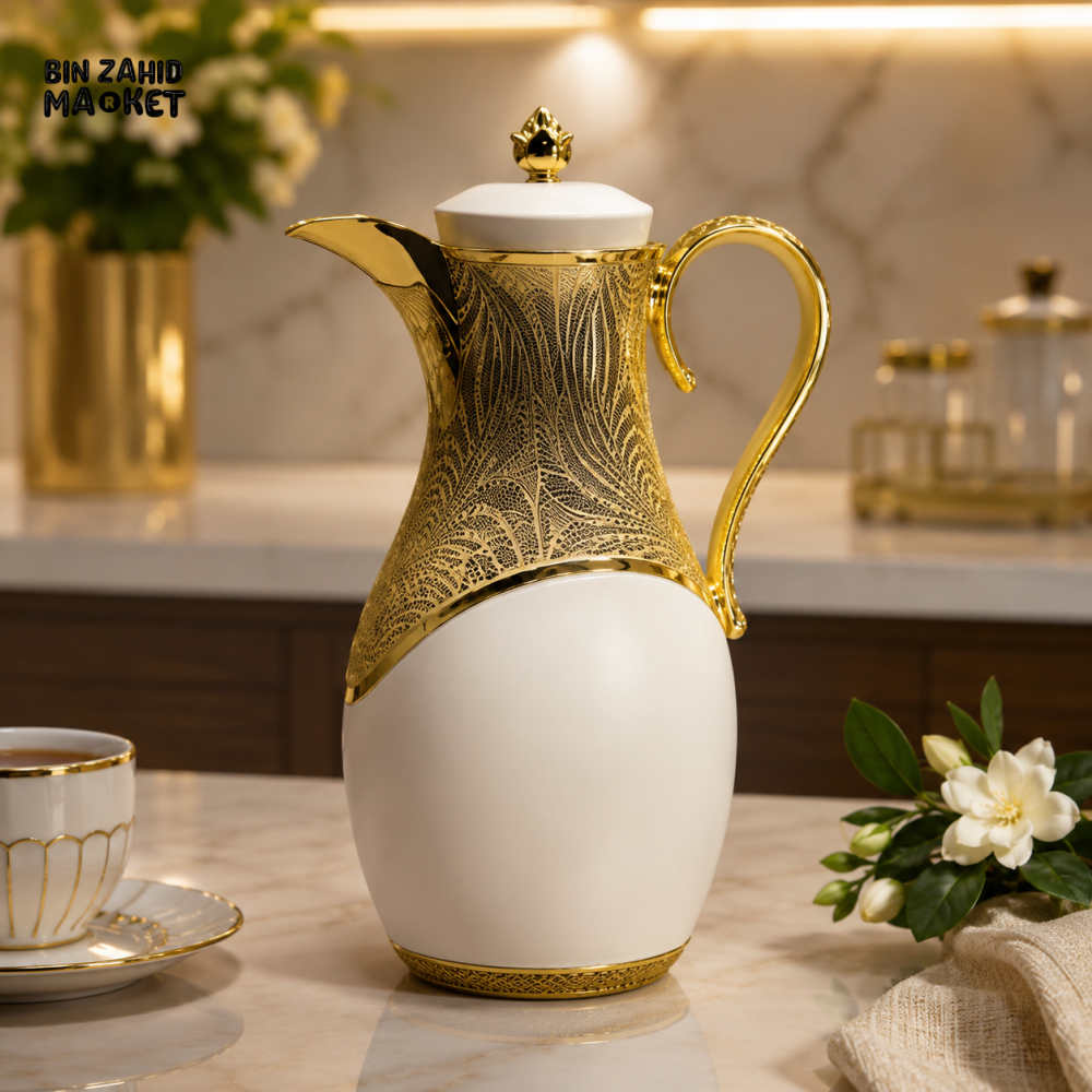LUXURY INSULATED ARABIC COFFEE & TEA THERMOS – BURGUNDY & GOLD 1.0 LITRE - white