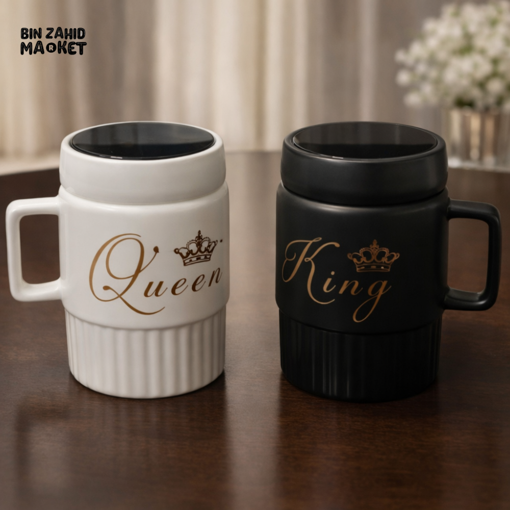 LUXURY KING & QUEEN CERAMIC MUG SET WITH LID – PREMIUM COUPLE COFFEE CUPS