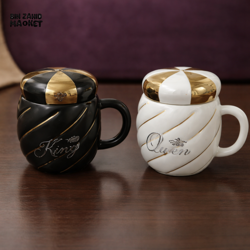 LUXURY KING & QUEEN CERAMIC MUG SET WITH GOLD LID – PREMIUM COUPLE CUPS