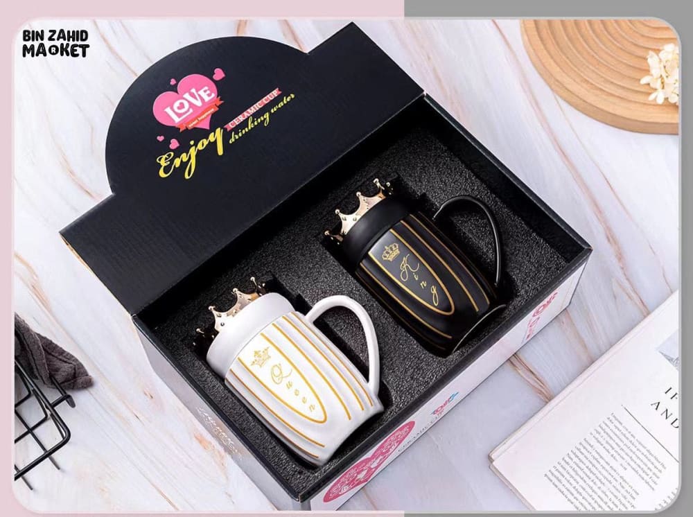 LUXURY KING & QUEEN CROWN CERAMIC MUG SET PREMIUM COFFEE & TEA CUPS