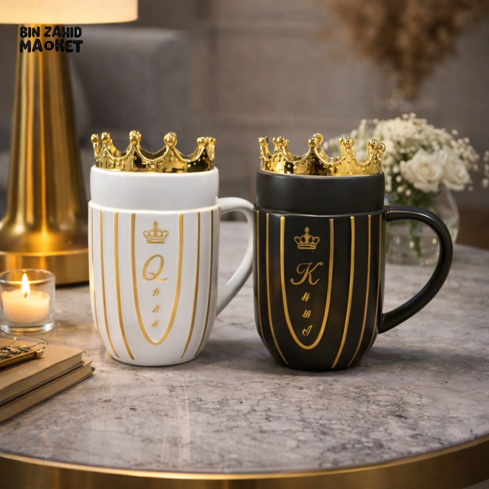 LUXURY KING & QUEEN CROWN CERAMIC MUG SET PREMIUM COFFEE & TEA CUPS