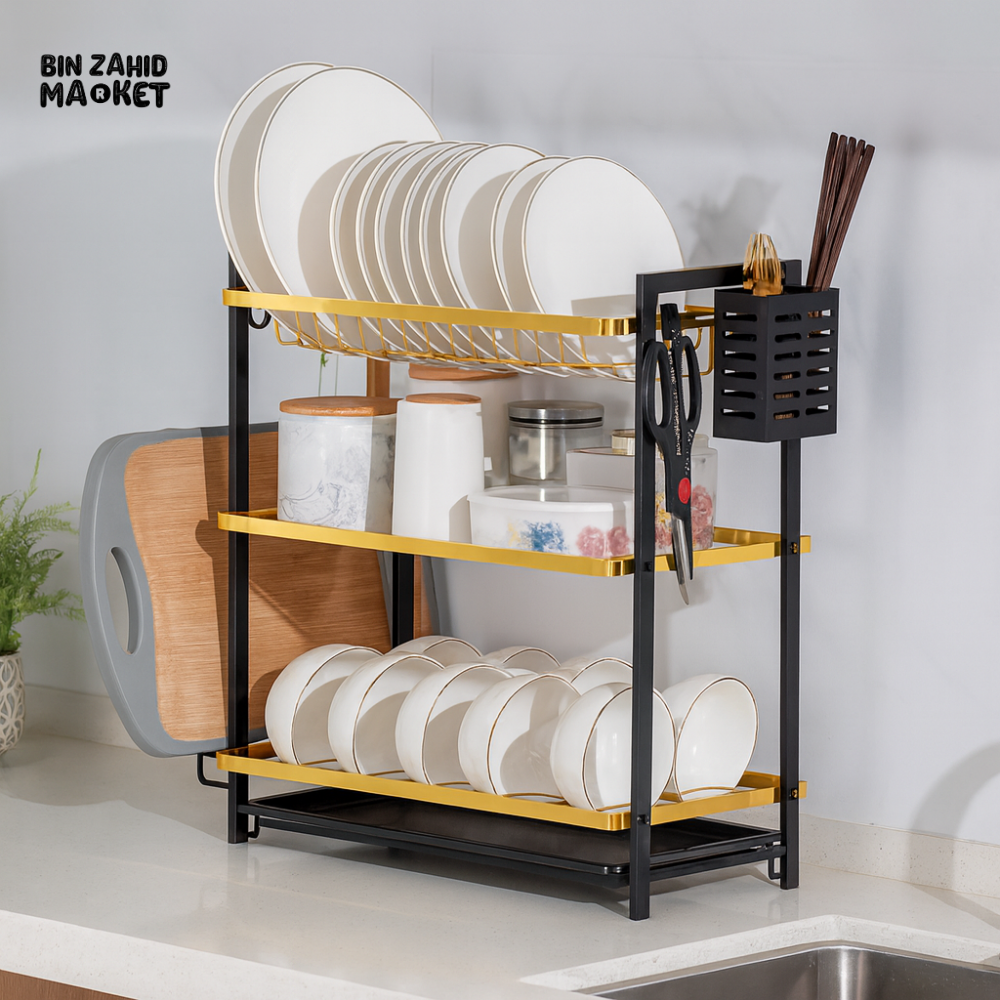 LUXURY 3 TIER KITCHEN DISH RACK WITH GOLD FRAME – MODERN COUNTER STORAGE SHELF FOR PLATES BOWLS & CUTLERY ORGANIZER