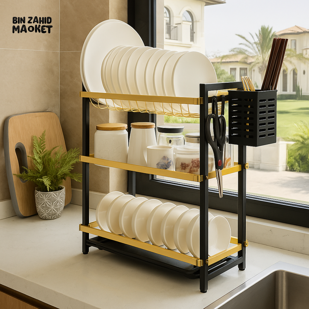 LUXURY 3 TIER KITCHEN DISH RACK WITH GOLD FRAME – MODERN COUNTER STORAGE SHELF FOR PLATES BOWLS & CUTLERY ORGANIZER