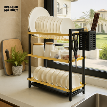 LUXURY 3 TIER KITCHEN DISH RACK WITH GOLD FRAME – MODERN COUNTER STORAGE SHELF FOR PLATES BOWLS & CUTLERY ORGANIZER
