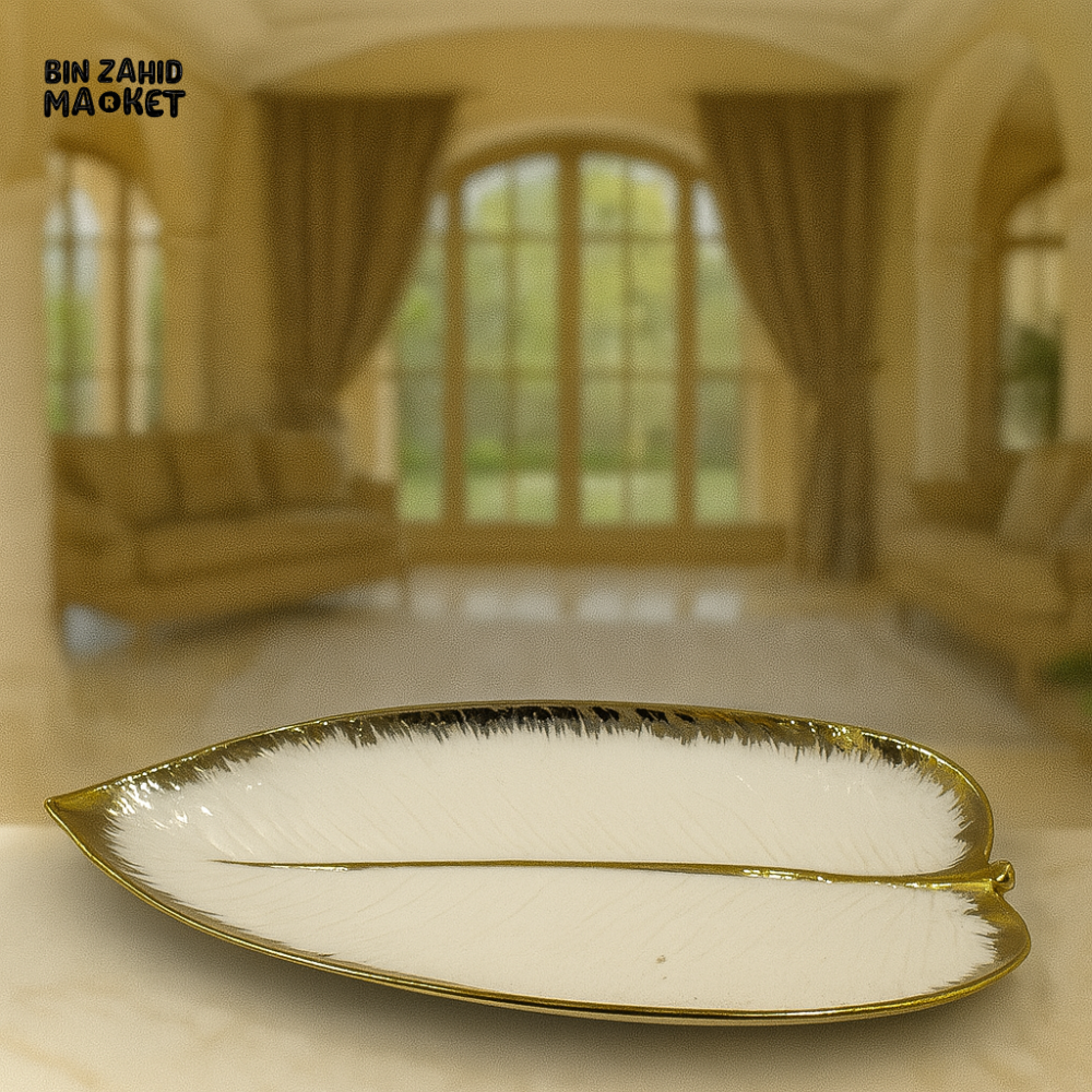 LUXURY LEAF-SHAPED WHITE CERAMIC PLATTER WITH GOLD TRIM – ELEGANT VILLA SERVING TRAY - 16 YF012