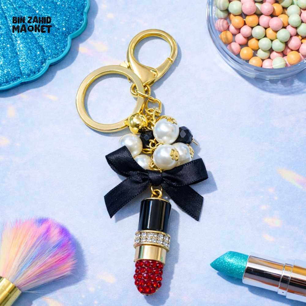 LUXURY LIPSTICK KEYCHAIN WITH PEARLS & BLACK BOW – AESTHETIC BAG CHARM - Key Holders