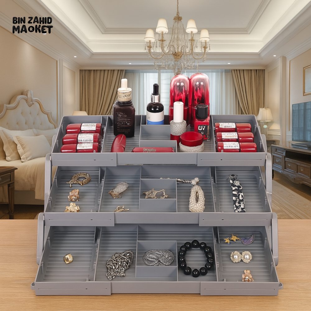 LUXURY MAKEUP & JEWELRY ORGANIZER BOX FOR DRESSING TABLE – 3 TIER COSMETIC STORAGE RACK