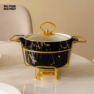 LUXURY MARBLE 9.25CM ROUND CASSEROLE WARMER WITH GOLDEN FRAME - BLACK MARBLE