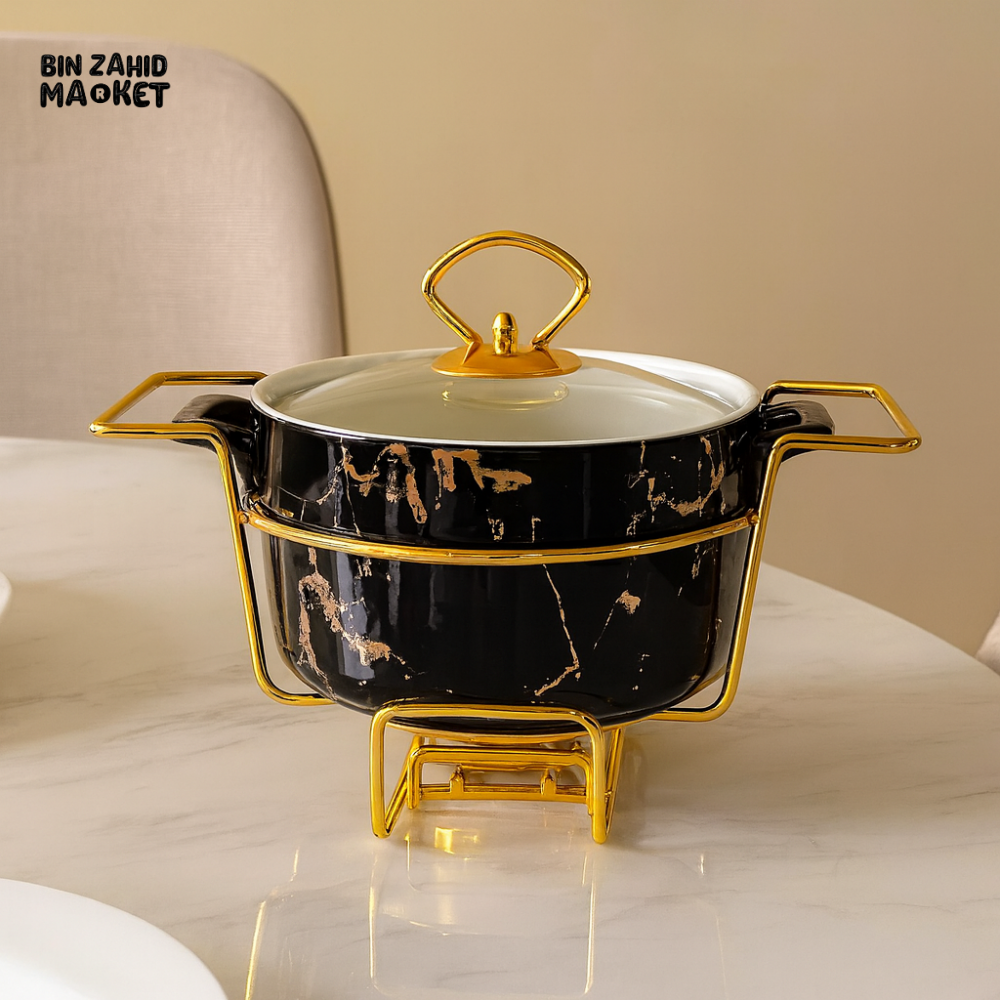 LUXURY MARBLE 9.25CM ROUND CASSEROLE WARMER WITH GOLDEN FRAME - BLACK MARBLE