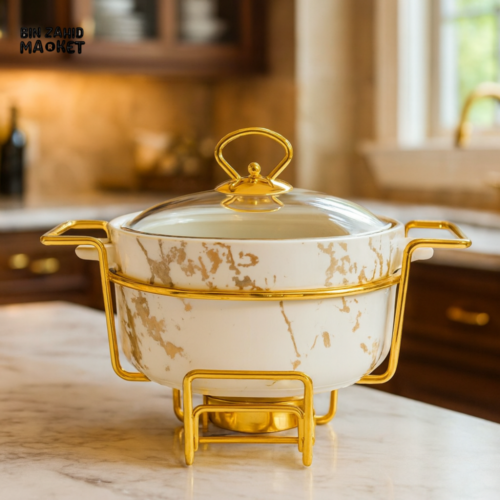 LUXURY MARBLE 9.25CM ROUND CASSEROLE WARMER WITH GOLDEN FRAME