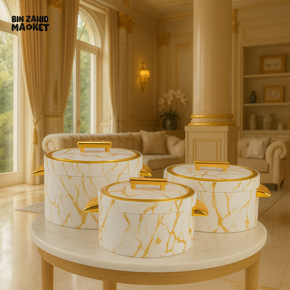 LUXURY MARBLE DESIGN HOTPOT SET – INSULATED CASSEROLE DISHES WITH GOLD HANDLES 3 PIECE - JY-001 (GM/G)