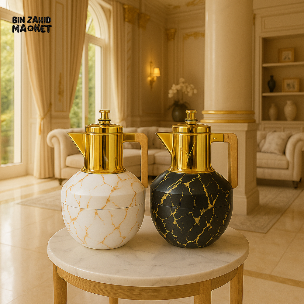 LUXURY MARBLE DESIGN THERMOS FLASK SET – WHITE & BLACK INSULATED COFFEE TEA CARAFE WITH GOLD TOP - 1LITRELS-055 (TU-4)