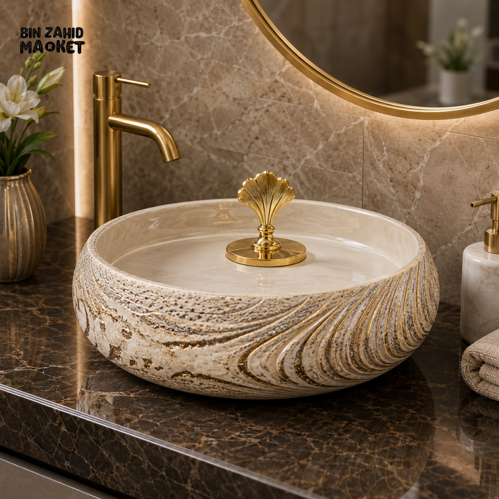 LUXURY MARBLE EFFECT CERAMIC VESSEL WASH BASIN WITH DECORATIVE LID - Figurines