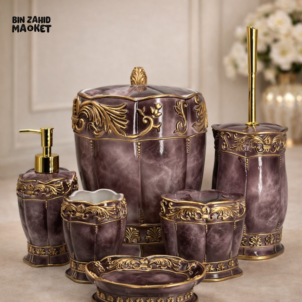 LUXURY MARBLE FINISH BATHROOM ACCESSORY SET WITH GOLD DETAILS - PURPLE
