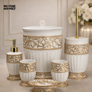 LUXURY MARBLE FINISH BATHROOM ACCESSORY SET WITH GOLD DETAILS - WHITE