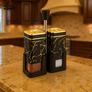LUXURY MARBLE SALT & PEPPER DISPENSER SET – ELEGANT GOLD ACCENTED KITCHEN ACCESSORY - BLACK
