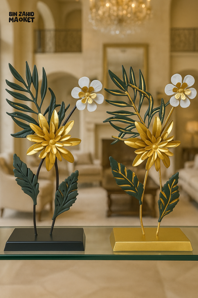 LUXURY METAL FLOWER SCULPTURE DECOR – GOLD & GREEN LEAF ORNAMENTS FOR LIVING ROOM