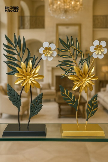 LUXURY METAL FLOWER SCULPTURE DECOR – GOLD & GREEN LEAF ORNAMENTS FOR LIVING ROOM