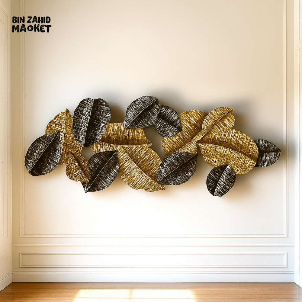 Luxury Metal Leaf Wall Art – Gold & Black Decor Panel for Modern Villa Interiors