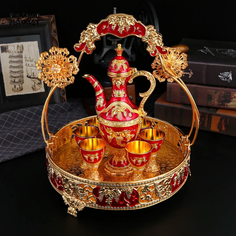 LUXURY METAL ROSE EMBOSSED DRINK SET 1 SERVING POT 6 GLASSES & DECORATIVE BASKET IDEAL FOR FESTIVALS PARTIES & BANQUET DISPLAY