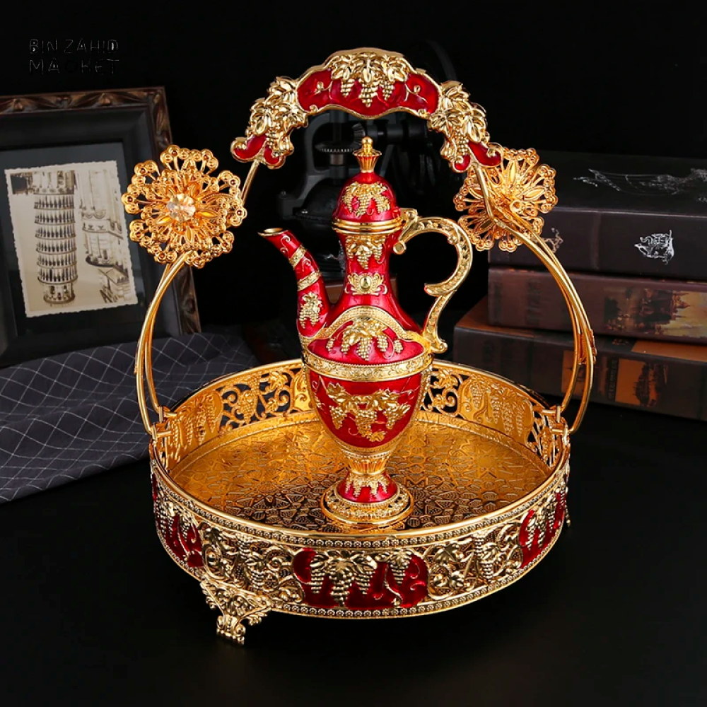 LUXURY METAL ROSE EMBOSSED DRINK SET 1 SERVING POT 6 GLASSES & DECORATIVE BASKET IDEAL FOR FESTIVALS PARTIES & BANQUET DISPLAY