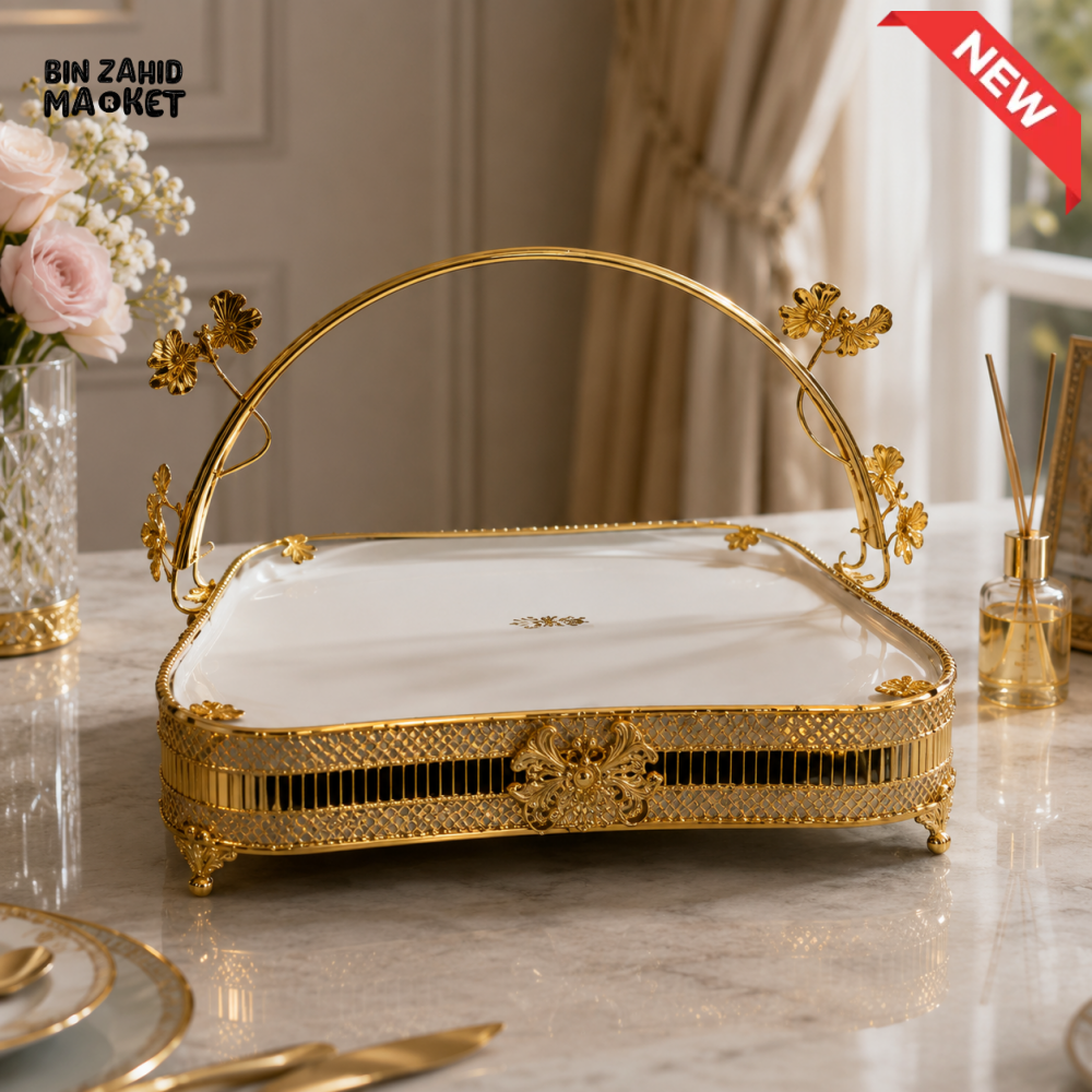 LUXURY METAL SERVING TRAY WITH DECORATIVE HANDLE