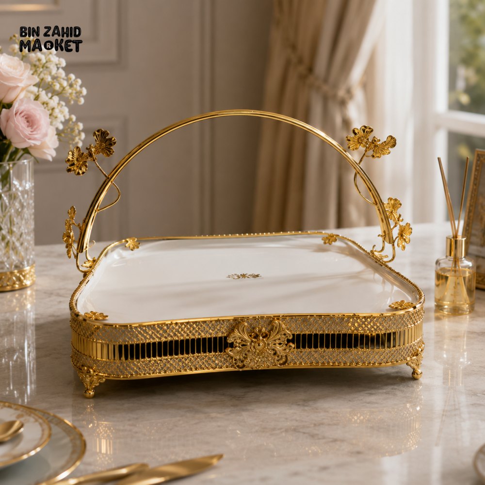 LUXURY METAL SERVING TRAY WITH DECORATIVE HANDLE