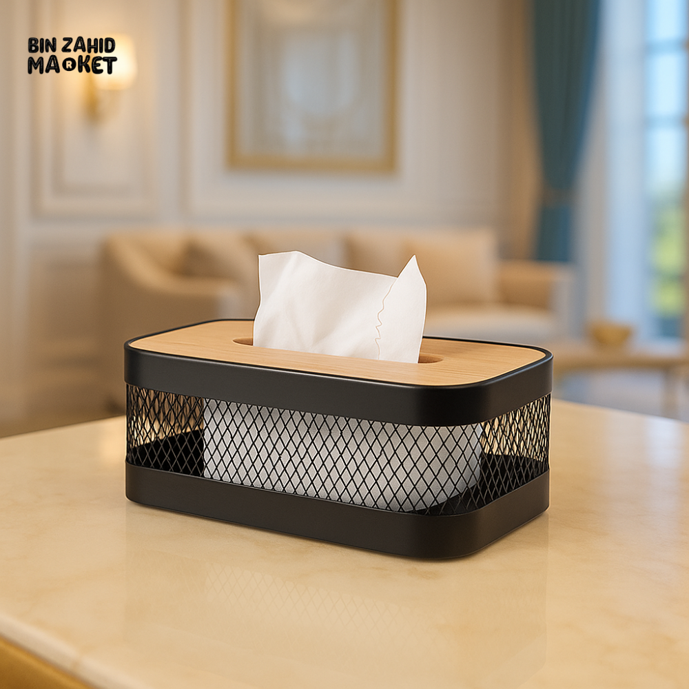 LUXURY METAL TISSUE BOX WITH WOODEN LID – ELEGANT TABLETOP HOLDER FOR VILLA INTERIORS - BLACK