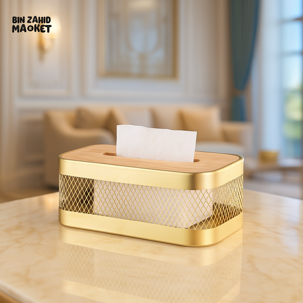 LUXURY METAL TISSUE BOX WITH WOODEN LID – ELEGANT TABLETOP HOLDER FOR VILLA INTERIORS - GOLDEN