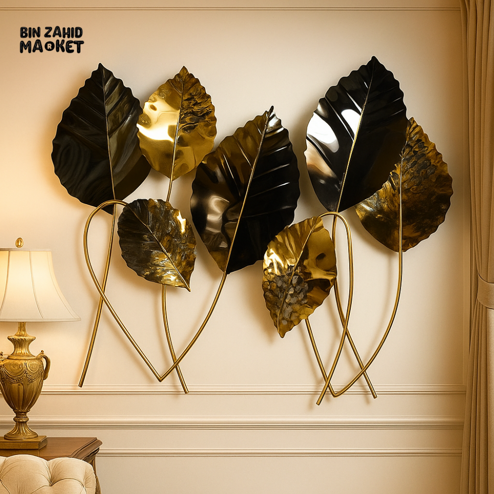 LUXURY METAL WALL ART – BLACK & GOLD LEAF SCULPTURE FOR VILLA INTERIORS