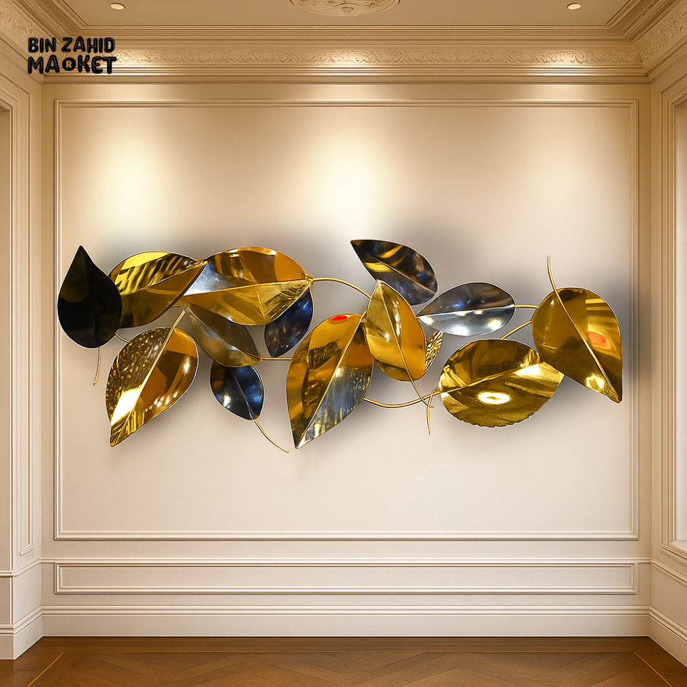 LUXURY METAL WALL ART – BLACK & GOLD POLISHED LEAF SCULPTURE FOR VILLA INTERIORS