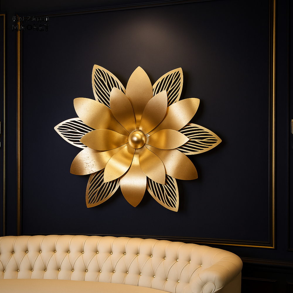 LUXURY METAL WALL ART – GOLDEN FLORAL SCULPTURE ON NAVY PANEL FOR VILLA INTERIORS