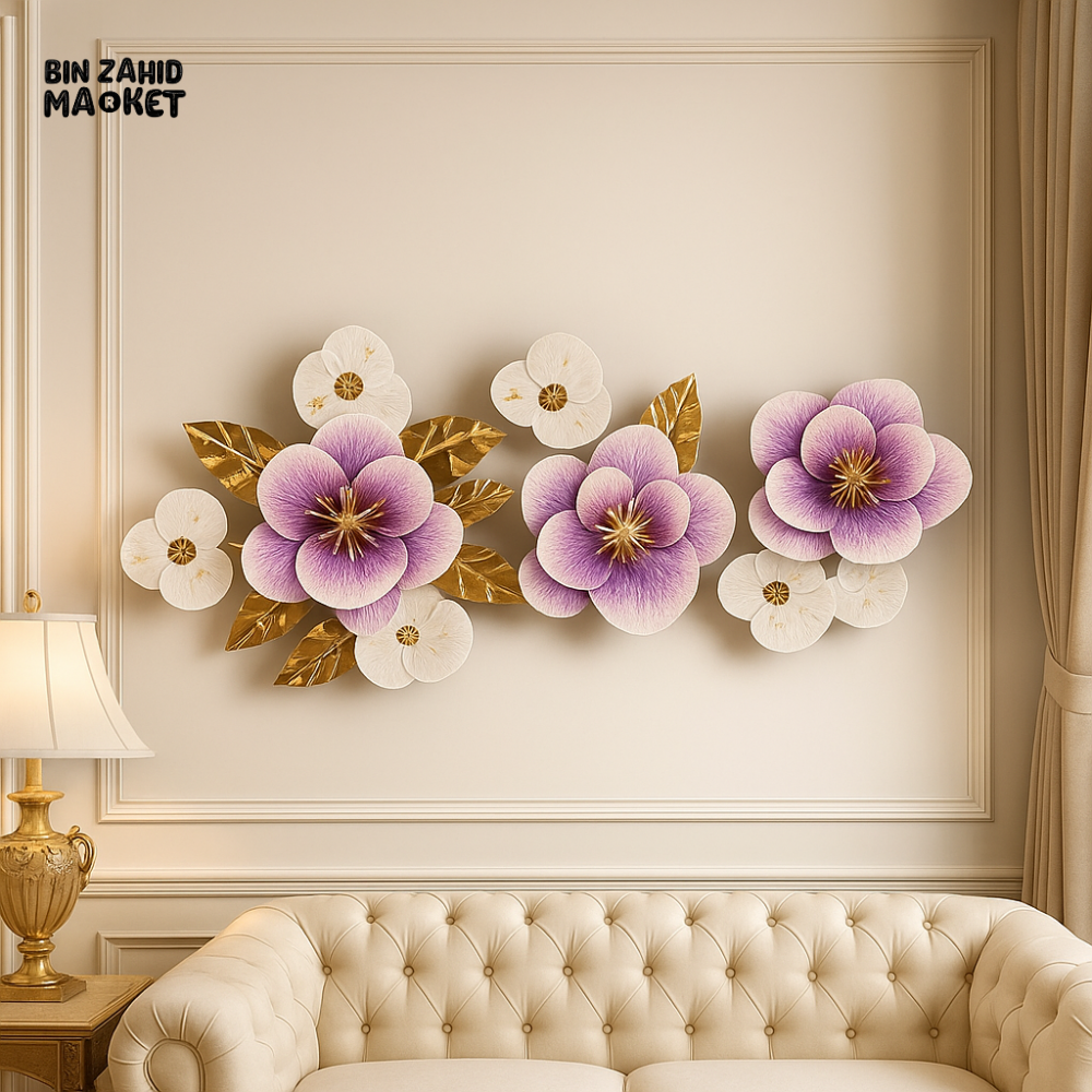LUXURY METAL WALL ART – PURPLE & GOLD FLORAL DECOR PANEL FOR VILLA INTERIORS