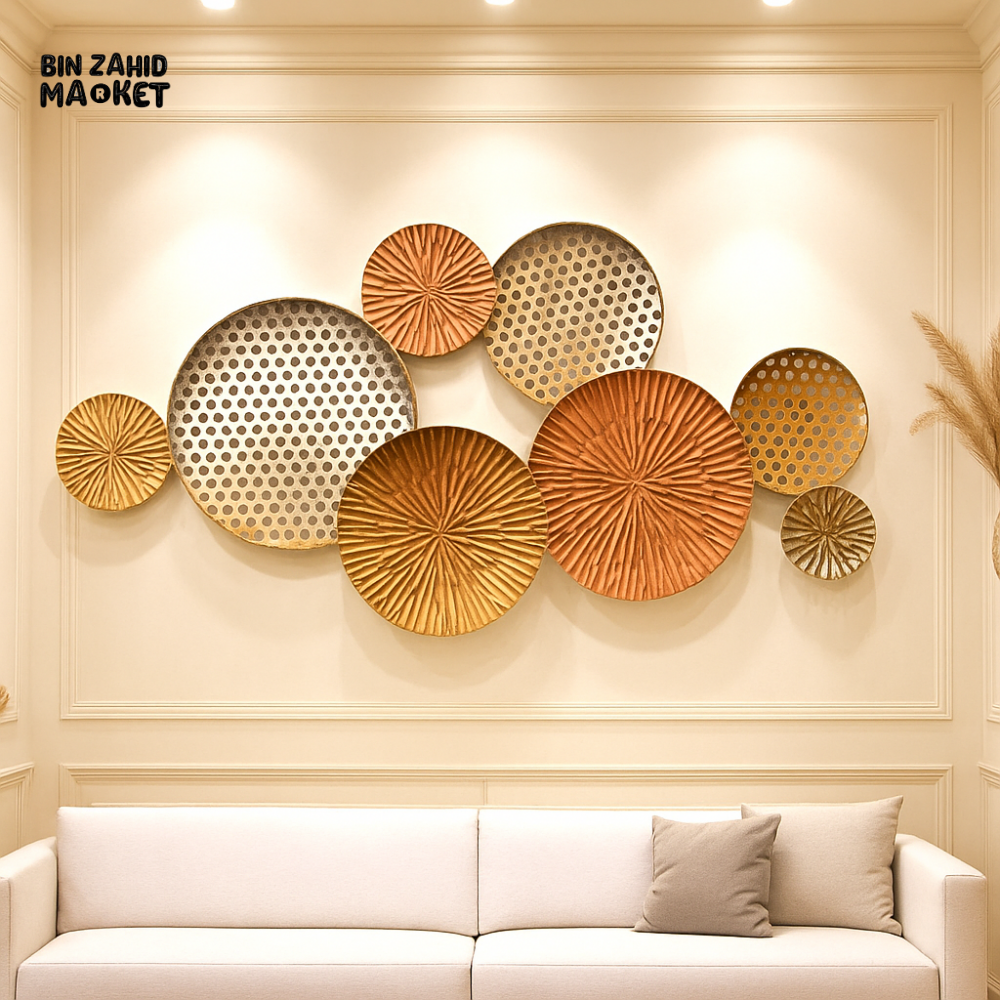 LUXURY METAL WALL ART – RUSTIC GOLD & SILVER ROUND PANEL DECOR FOR VILLA INTERIORS