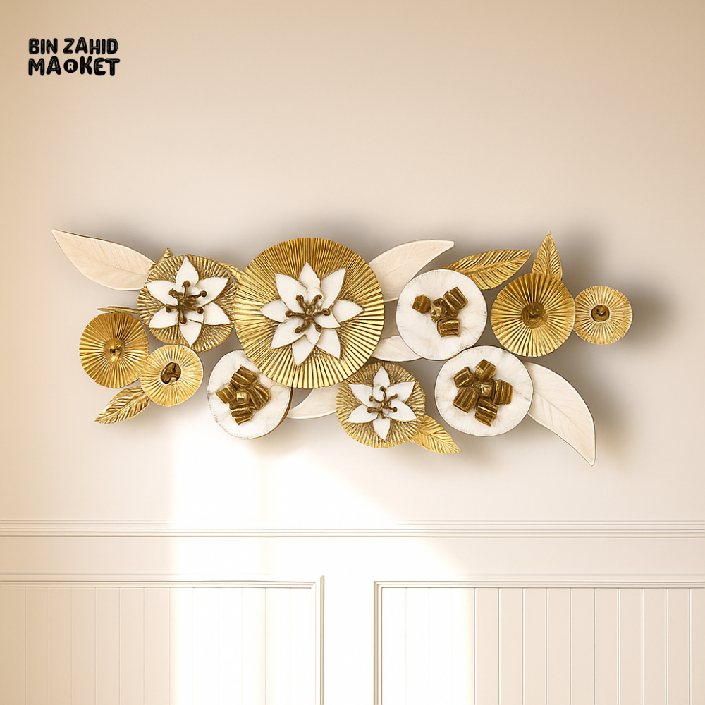 Luxury Metal Wall Art – White & Gold Floral Panel Decor for Villa Interiors