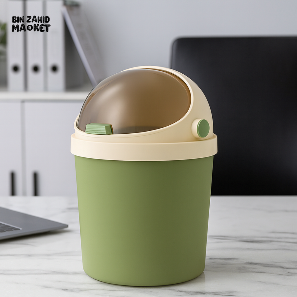 LUXURY MINI DESKTOP TRASH BIN – ROUND PORTABLE WASTE CONTAINER WITH SWING LID FOR OFFICE & HOME USE