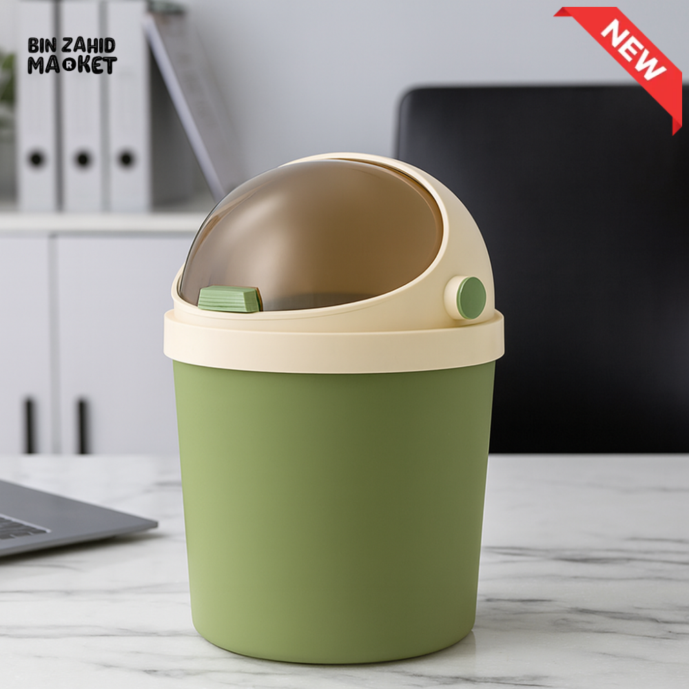 LUXURY MINI DESKTOP TRASH BIN – ROUND PORTABLE WASTE CONTAINER WITH SWING LID FOR OFFICE & HOME USE