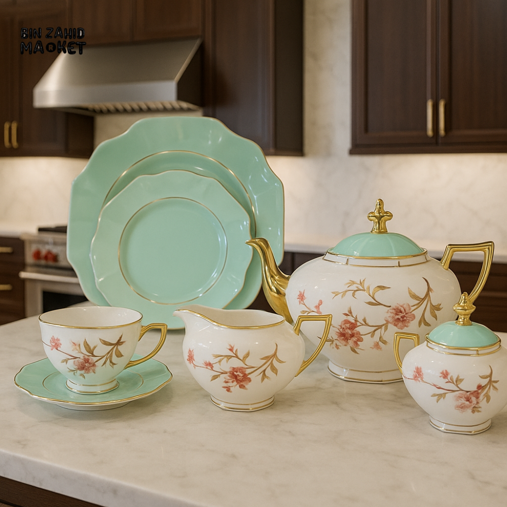 LUXURY MINT GREEN TEA SET – 24 PCS PORCELAIN CUP, SAUCER & SERVING SET WITH GOLD ACCENTS