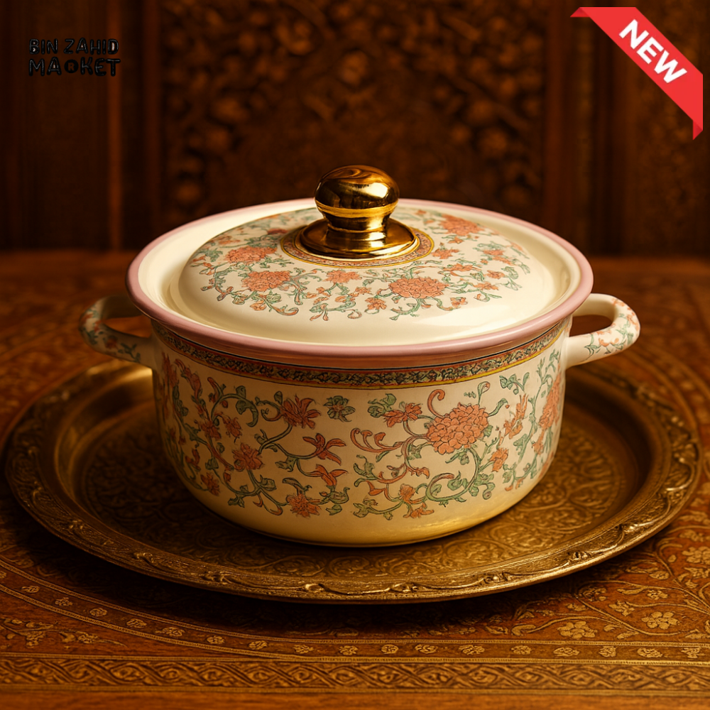 LUXURY MOROCCAN ENAMEL CASSEROLE – PINK FLORAL GOLD KNOB WITH LID - 26CM