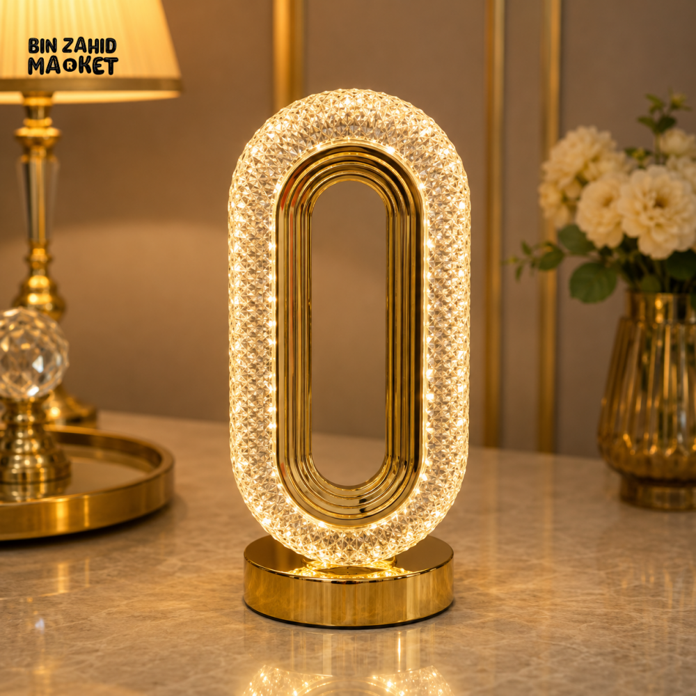LUXURY OVAL CRYSTAL LED TABLE LAMP WITH GOLD FRAME