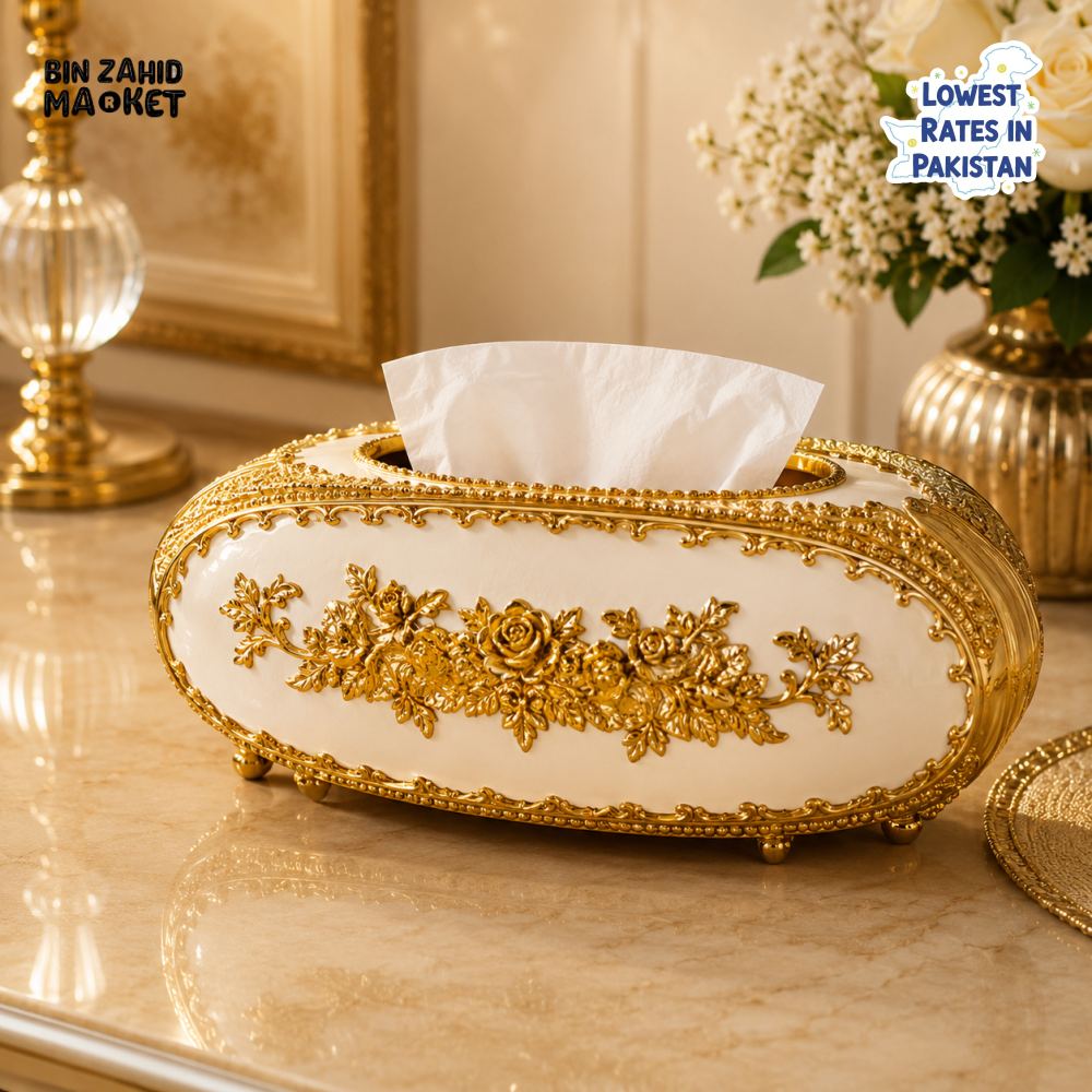 LUXURY OVAL TISSUE BOX HOLDER - WHITE & GOLDEN