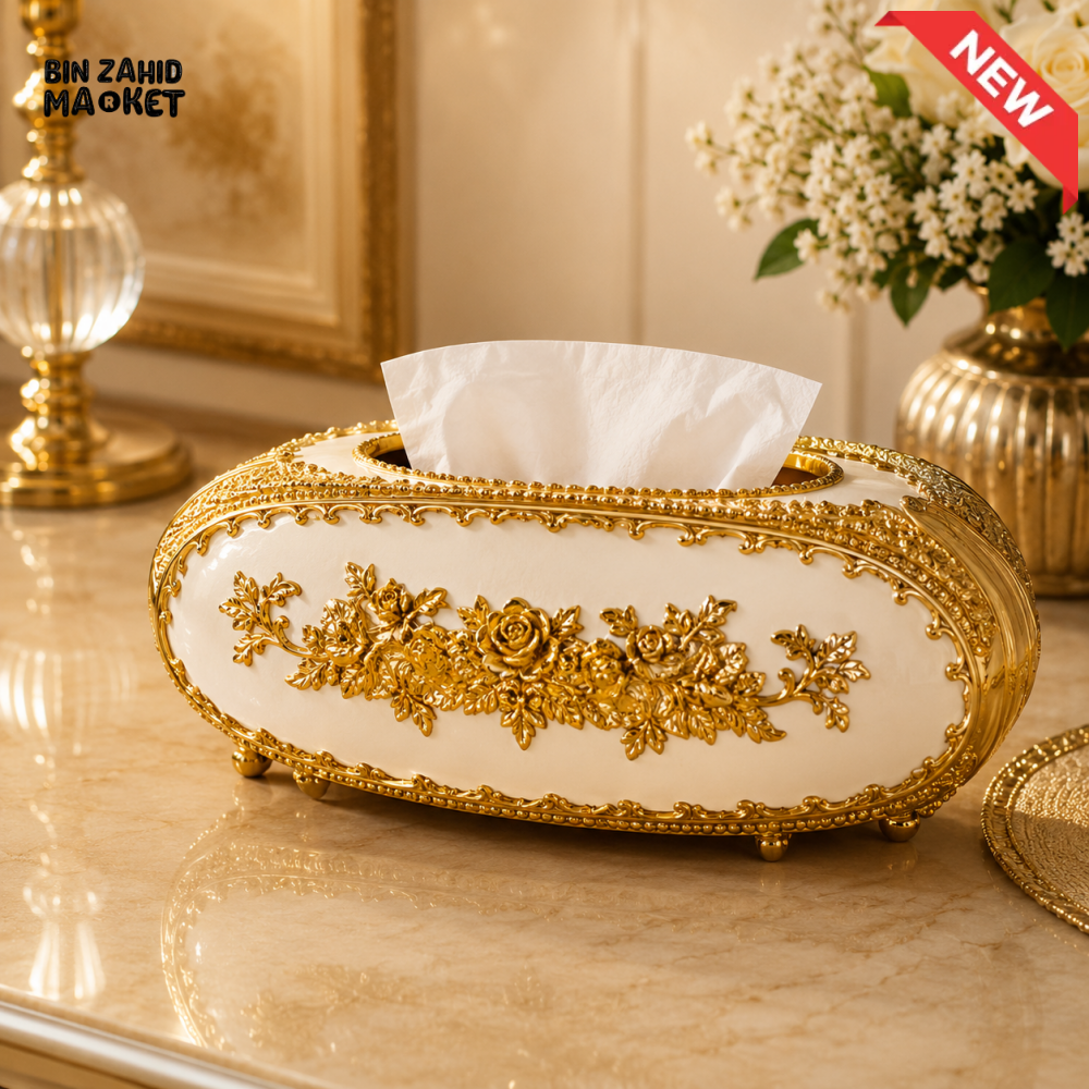 LUXURY OVAL TISSUE BOX HOLDER - WHITE & GOLDEN