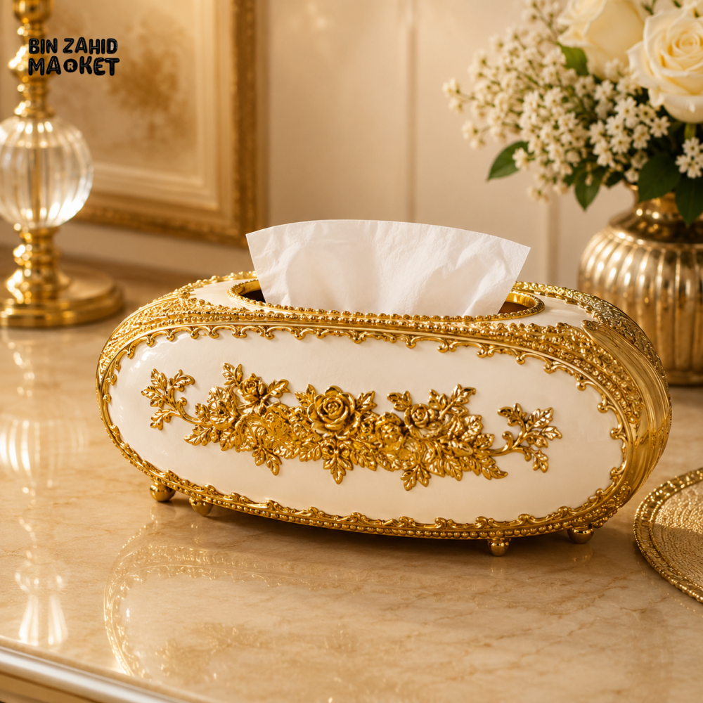 LUXURY OVAL TISSUE BOX HOLDER - WHITE & GOLDEN