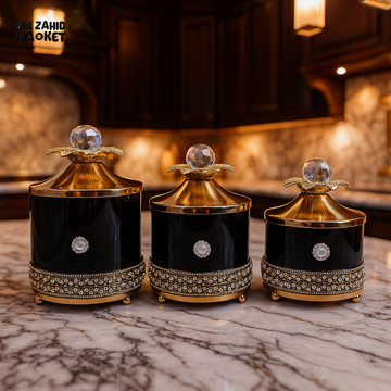LUXURY PEARL DECOR JAR SET – 3PCS GOLDEN TRIM STORAGE CONTAINERS - BLACK