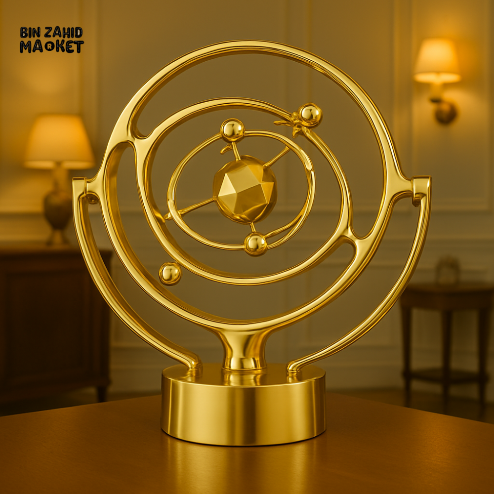 LUXURY PERPETUAL MOTION TABLETOP ORB – GOLDEN KINETIC SCULPTURE DECOR